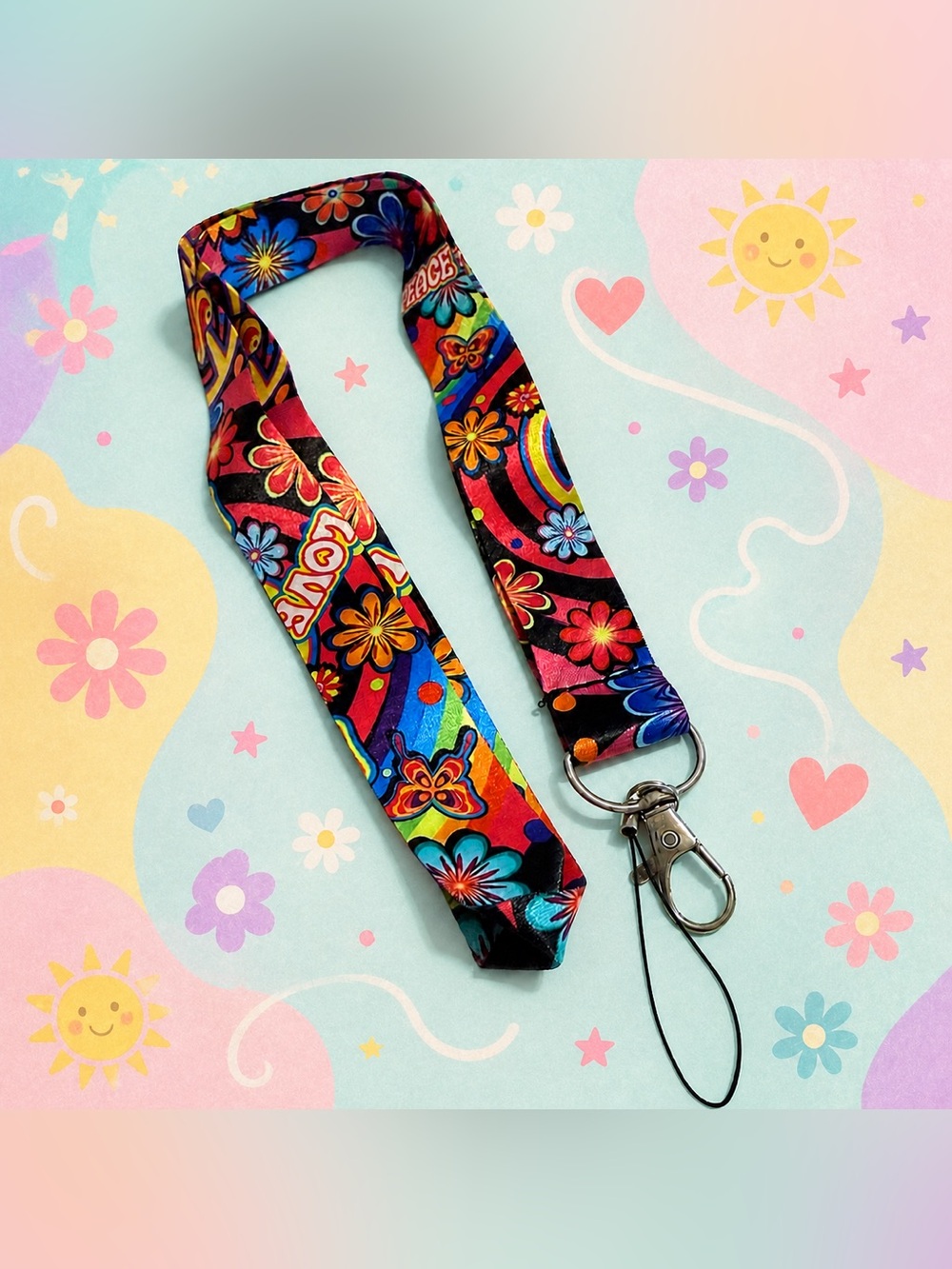30” 🆕 Groovy Peace Flower Lanyard ID Badge Holder Keychain Phone Strap